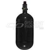 Black gloss super light paintball tank Ninja SL3 80ci 4500psi Carbon Fiber Tank with Pro V3 Regulator with blackout logo on a white background