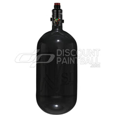 Black gloss super light paintball tank Ninja SL3 80ci 4500psi Carbon Fiber Tank with Pro V3 Regulator with blackout logo on a white background