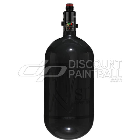 Black gloss super light paintball tank Ninja SL3 80ci 4500psi Carbon Fiber Tank with Pro V3 Regulator with blackout logo on a white background
