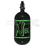 Black gloss super light paintball tank Ninja SL3 80ci 4500psi Carbon Fiber Tank with Pro V3 Regulator with green logo on a white background