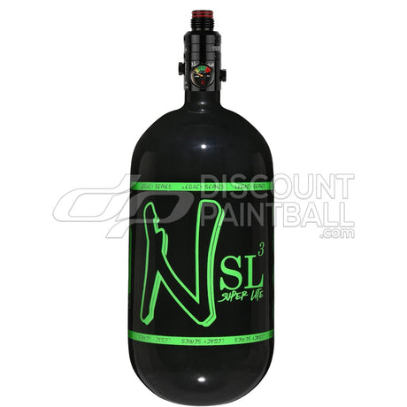 Black gloss super light paintball tank Ninja SL3 80ci 4500psi Carbon Fiber Tank with Pro V3 Regulator with green logo on a white background