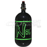 Black gloss super light paintball tank Ninja SL3 80ci 4500psi Carbon Fiber Tank with Pro V3 Regulator with green logo on a white background