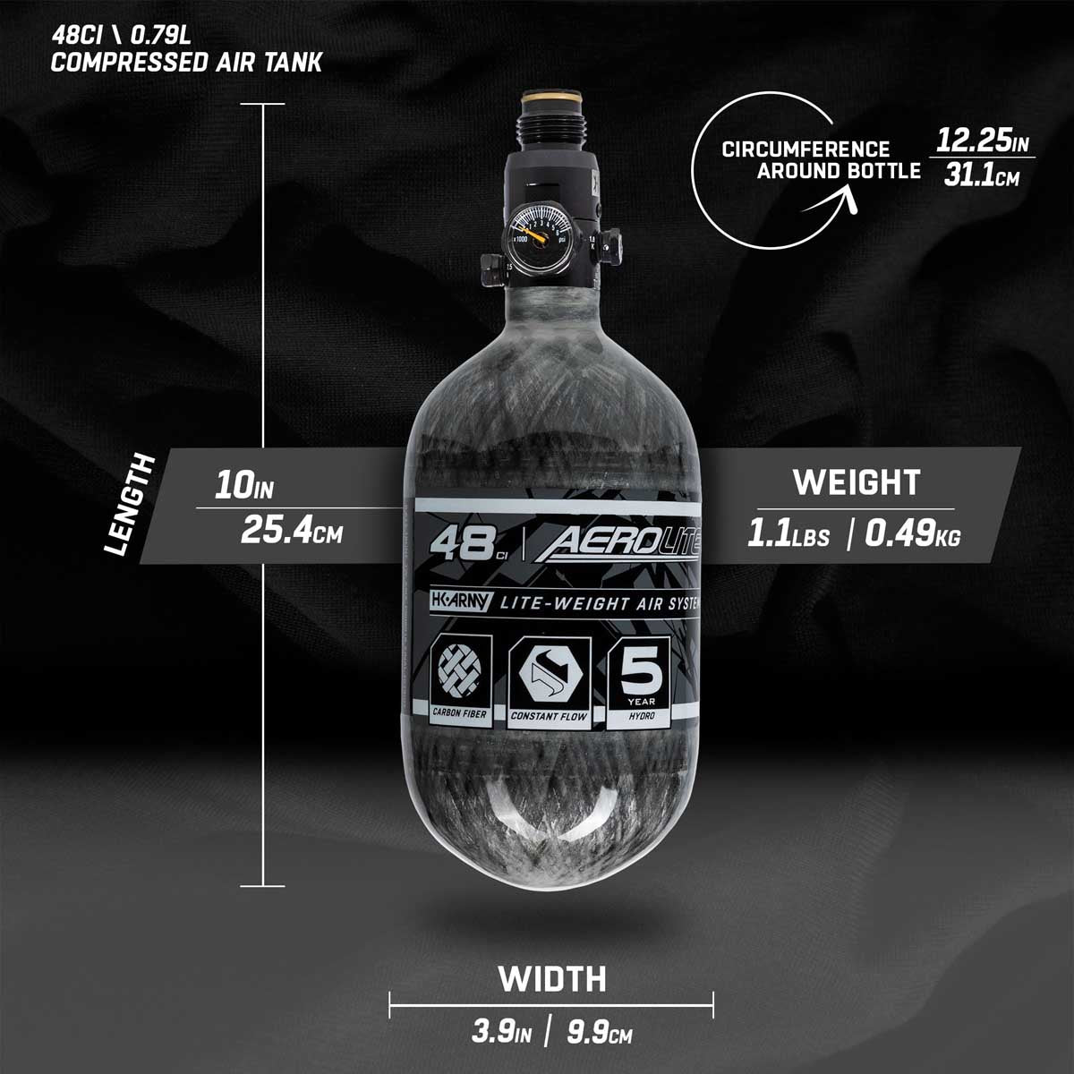 A 48ci 4500psi AeroLite compressed air tank shown on a dark studio background with measurement callouts for length, width, and circumference around the bottle, plus weight information.