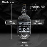 A 48ci 4500psi AeroLite compressed air tank shown on a dark studio background with measurement callouts for length, width, and circumference around the bottle, plus weight information.