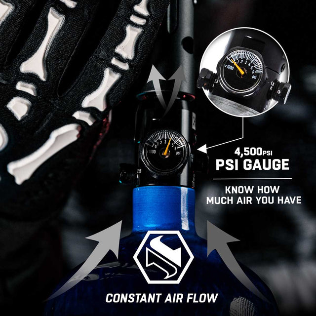 A close-up of a HK Army regulator with a black and silver PSI gauge, shown with a blue bottle. The image includes a circular inset showing the gauge detail, text reading '4,500PSI PSI GAUGE' and 'KNOW HOW MUCH AIR YOU HAVE', and arrows indicating 'CONSTANT AIR FLOW'.