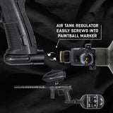 HK Army Air tank regulator being attached to a paintball marker on a black background