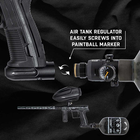 HK Army Air tank regulator being attached to a paintball marker on a black background