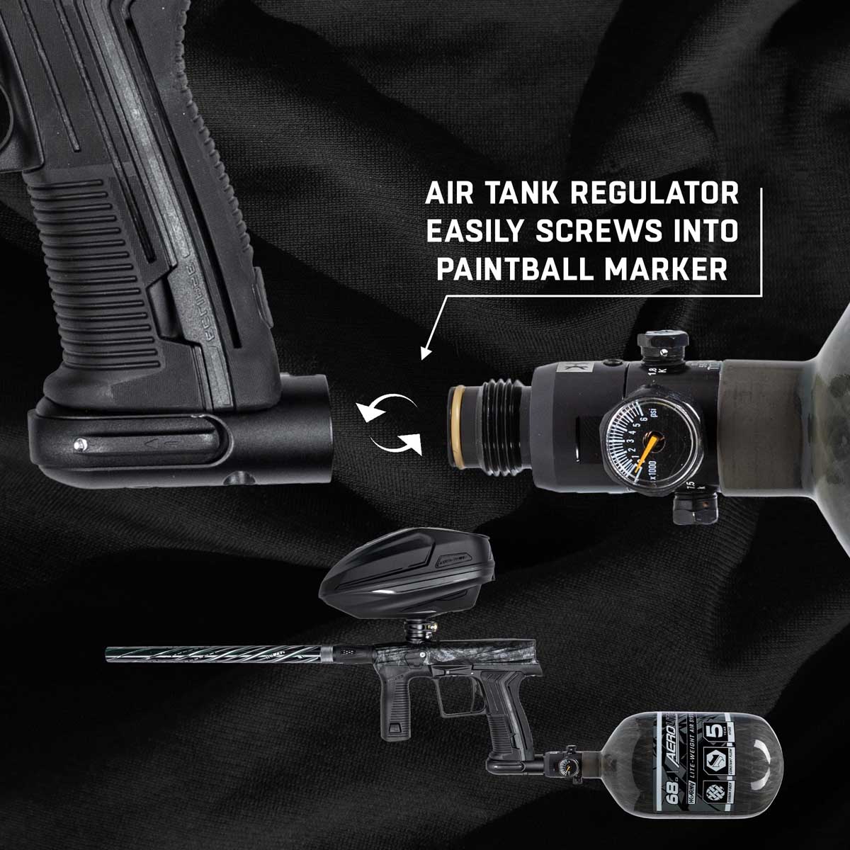 Air tank regulator being attached to a paintball marker on a black background