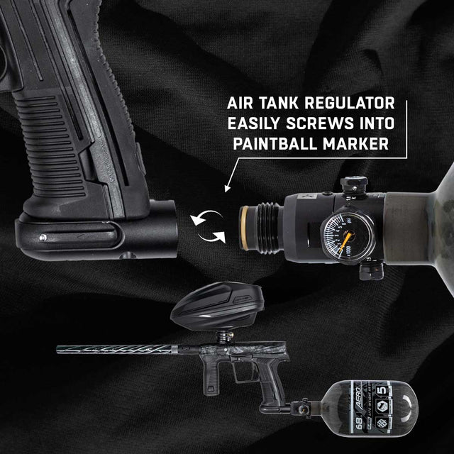 Air tank regulator being attached to a paintball marker on a black background