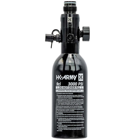 A black aluminum HK Army 9ci 3000 PSI high pressure tank with a black regulator shown against a plain white background.