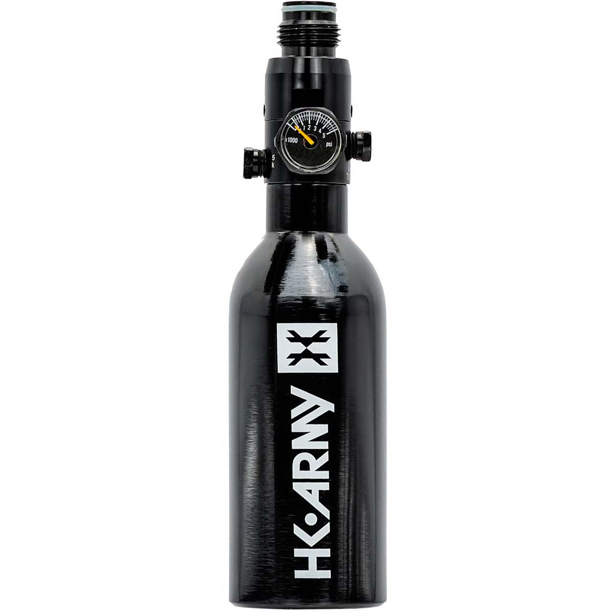 A black HK Army high pressure aluminum air tank with a black regulator attached at HK Army branding on the front, set against a plain white background.