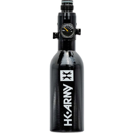 A black HK Army high pressure aluminum air tank with a black regulator attached at HK Army branding on the front, set against a plain white background.