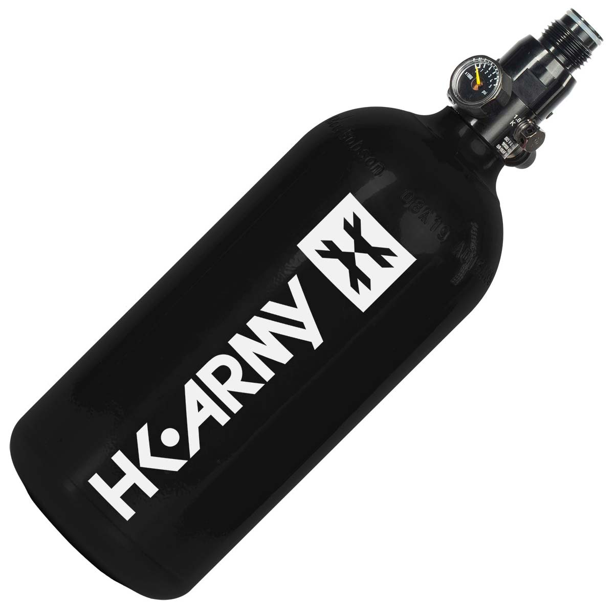 Angled view HK Army 48 ci 3000 psi Aluminum Compressed Air Tank Black bottle with a white logo