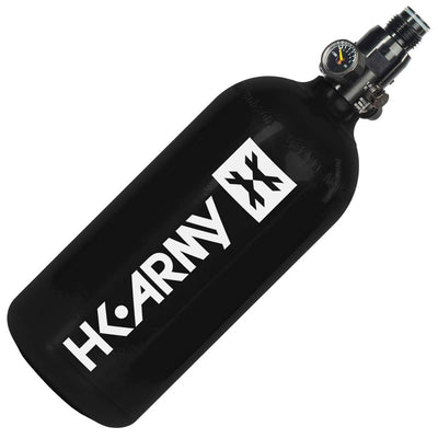 Angled view HK Army 48 ci 3000 psi Aluminum Compressed Air Tank Black bottle with a white logo