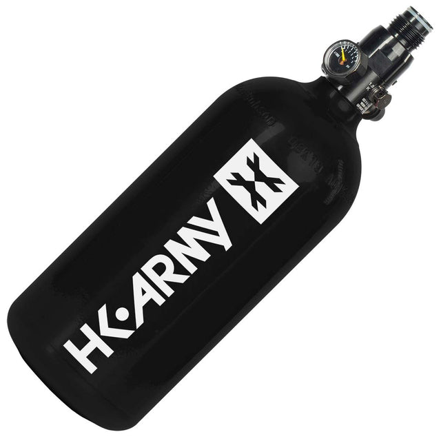 Angled view HK Army 48 ci 3000 psi Aluminum Compressed Air Tank Black bottle with a white logo