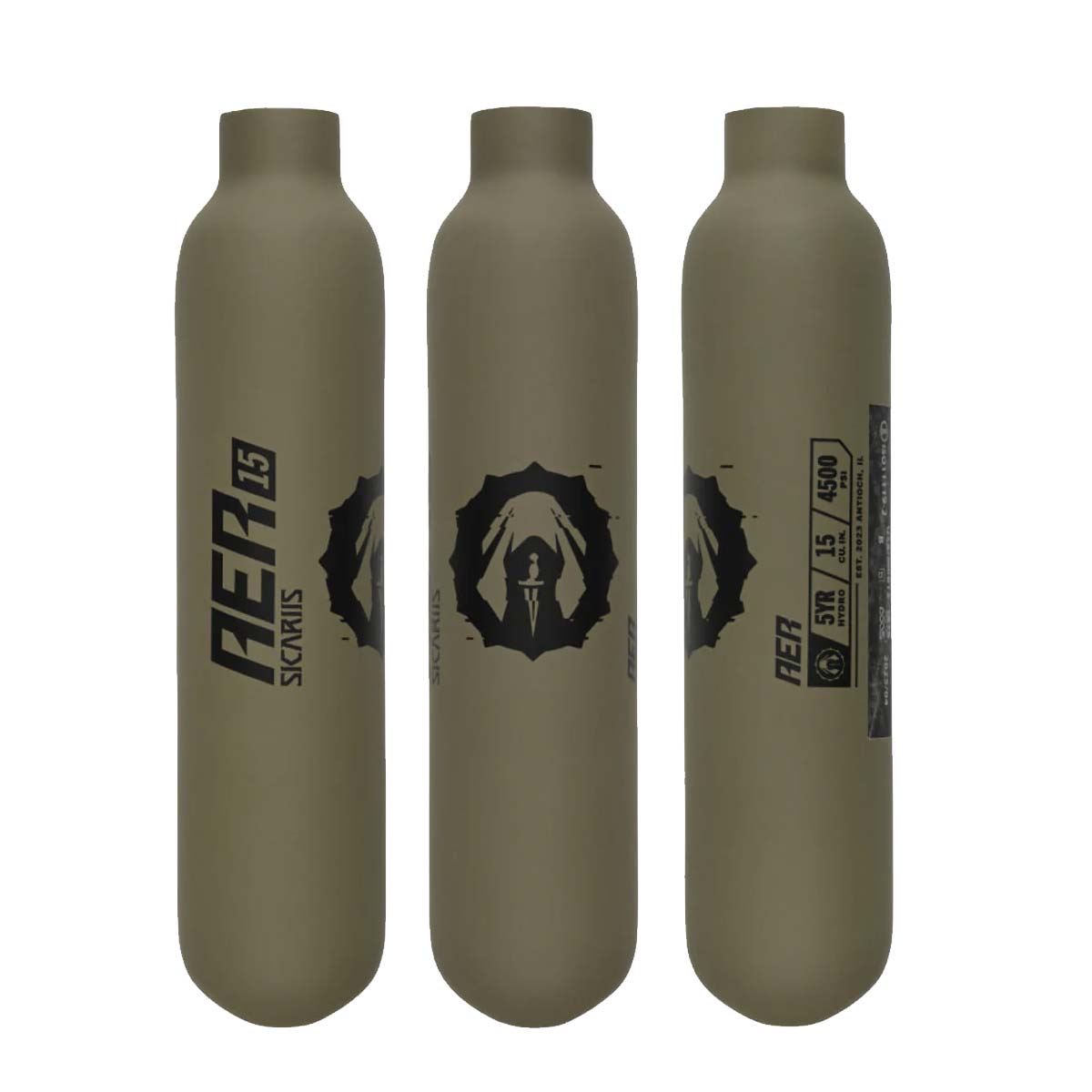 3 FDE dark earth Compressed air tanks Sicariis AER 15ci 4500psi Carbon Fiber on a white background