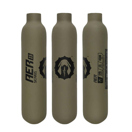 3 FDE dark earth Compressed air tanks Sicariis AER 15ci 4500psi Carbon Fiber on a white background