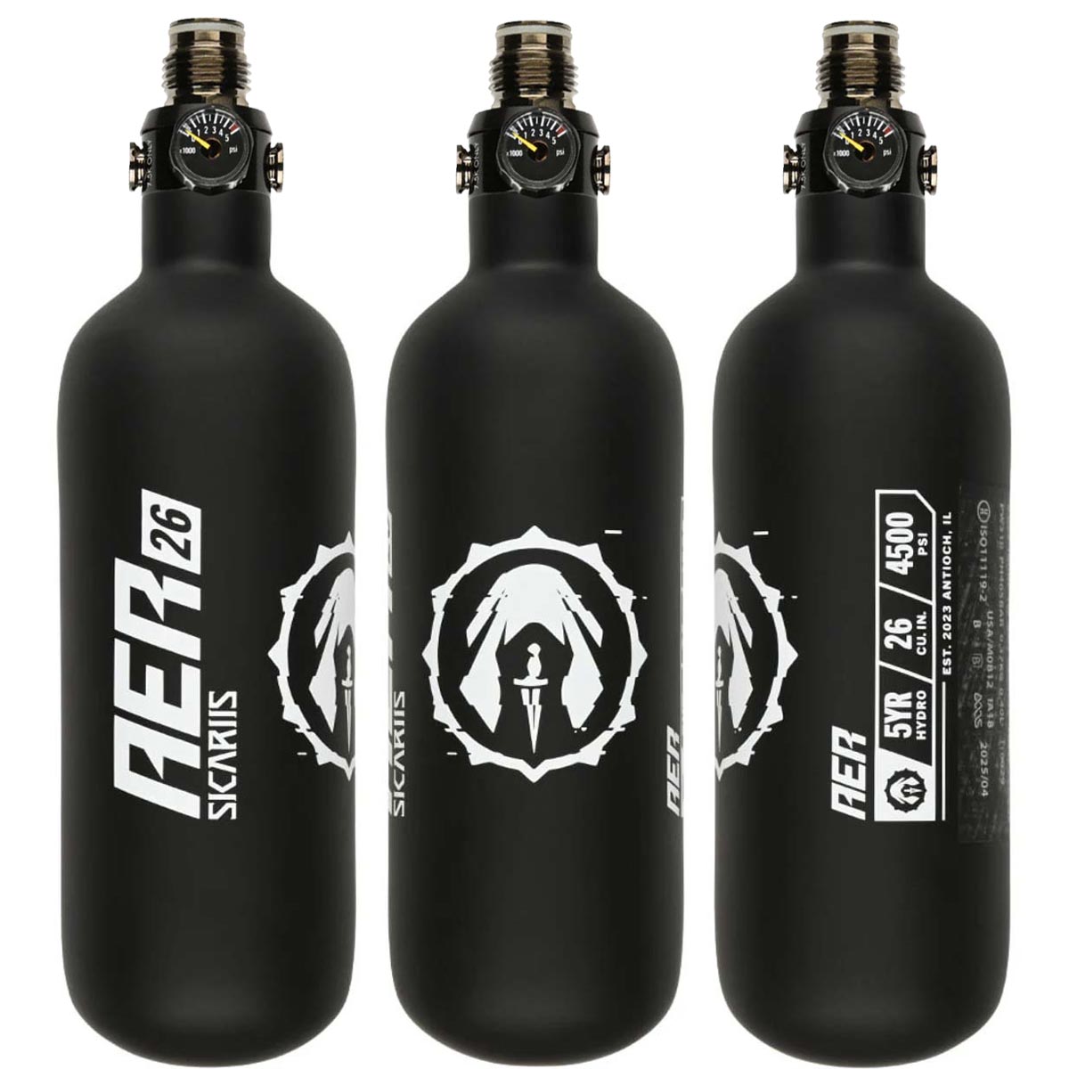 3 sides of Black Sicariis AER 26ci 4500psi Carbon Fiber Air Tank with First Strike Hero 2 Regulator on a white background