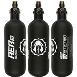 3 sides of Black Sicariis AER 26ci 4500psi Carbon Fiber Air Tank with First Strike Hero 2 Regulator on a white background