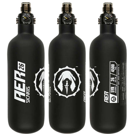3 sides of Black Sicariis AER 26ci 4500psi Carbon Fiber Air Tank with First Strike Hero 2 Regulator on a white background