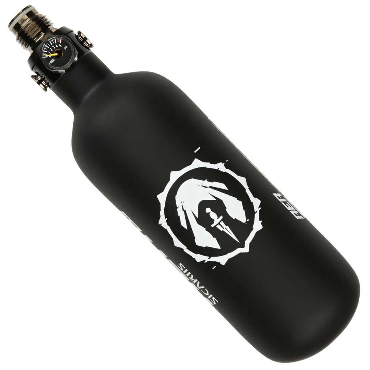Black Sicariis AER 26ci 4500psi Carbon Fiber Air Tank with First Strike Hero 2 Regulator side view on a white background