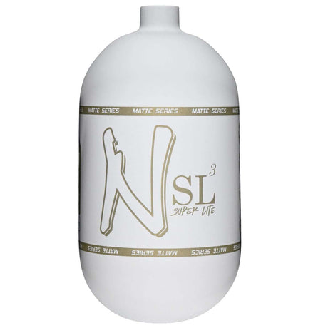 Ninja SL3 68i 4500psi Carbon Fiber paintball air tank in white with gold color text and a matte finish no regulator