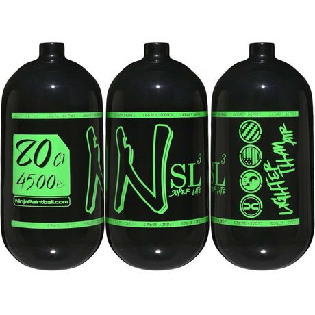 Ninja SL3 80ci Air Tank 4500psi black with green logos all angle view