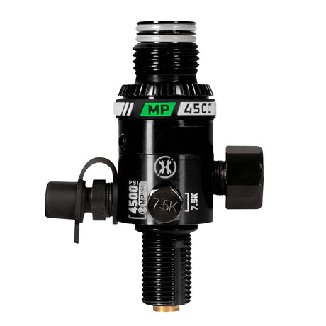 HK Army MP5 Regulator for paintball airsoft compressed air tank with fill nipple cover on a white background with gauge showing