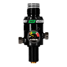 HK Army MP5 Regulator for paintball airsoft compressed air tank on a white background with gauge and threads showing