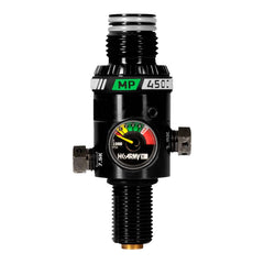 HK Army MP5 Regulator for paintball airsoft compressed air tank on a white background with gauge and threads showing