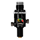 HK Army MP5 Regulator for paintball airsoft compressed air tank on a white background with gauge showing
