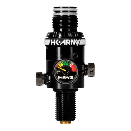 HK Army MP5 Regulator for paintball airsoft compressed air tank on a white background with gauge showing
