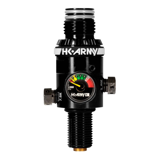 HK Army MP5 Regulator for paintball airsoft compressed air tank on a white background with gauge showing
