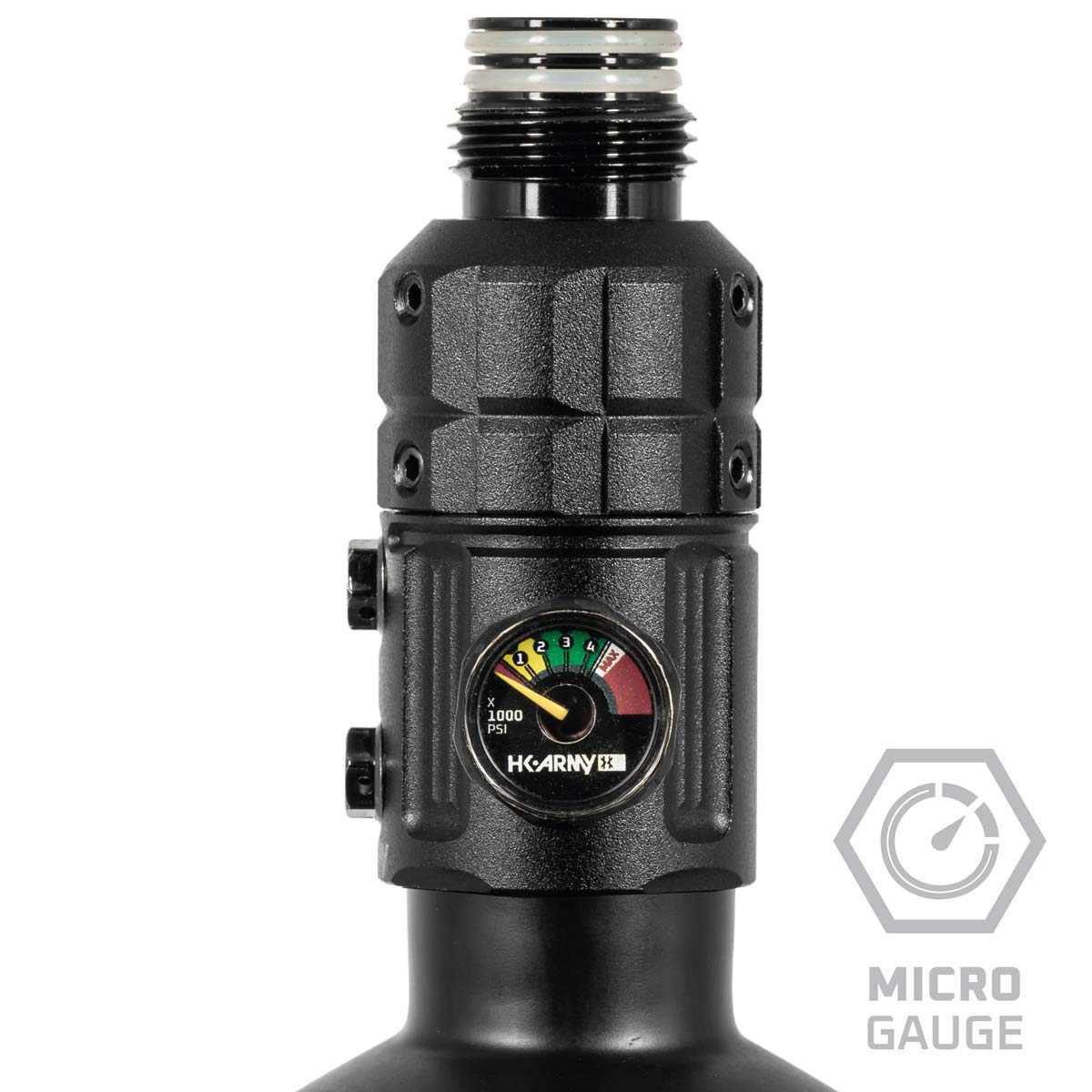 HK Army Turbine Pro Air Tank Regulator Long Body close up of gauge.