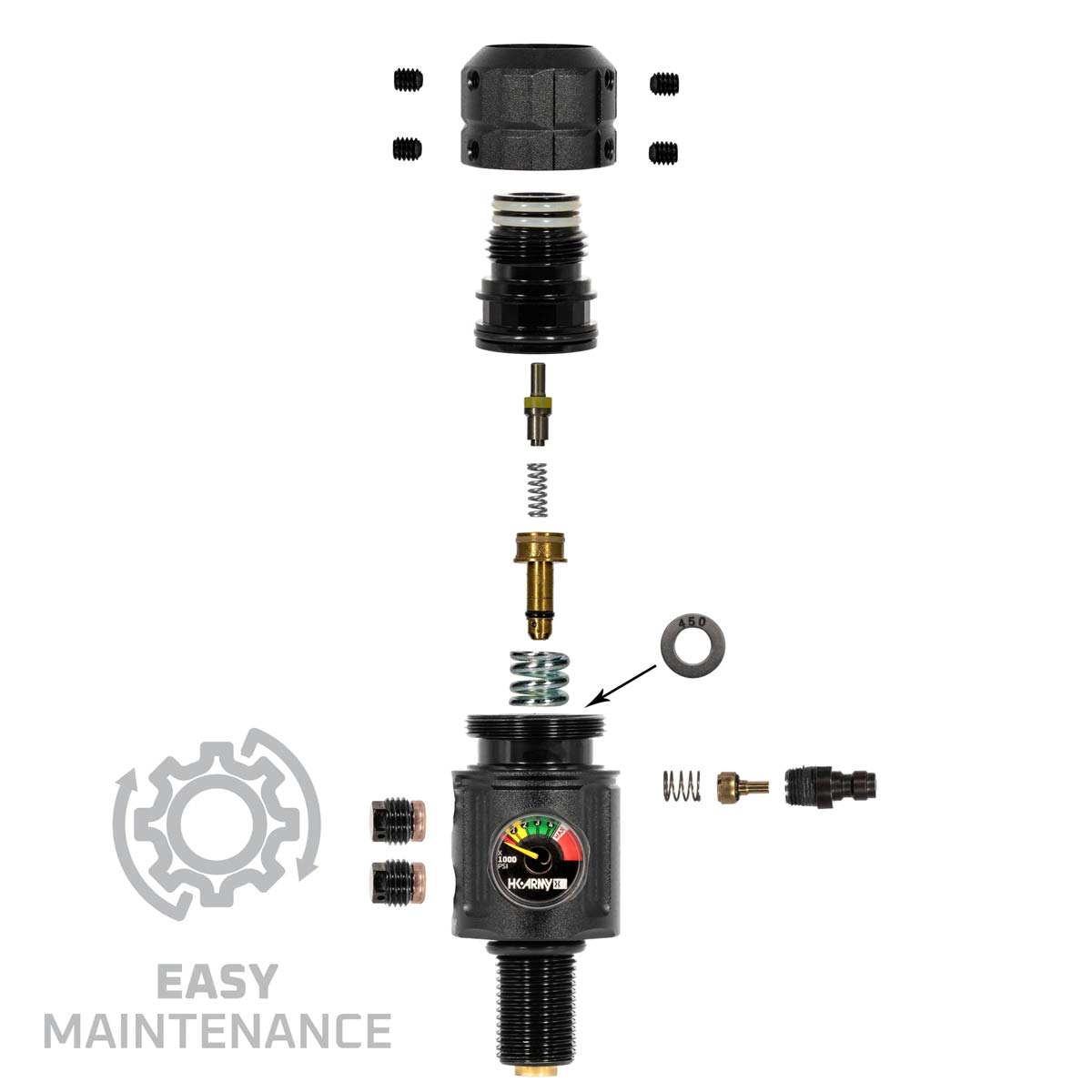 HK Army Turbine Pro Air Tank Regulator Long Body with all parts displayed in an explosion diagram.
