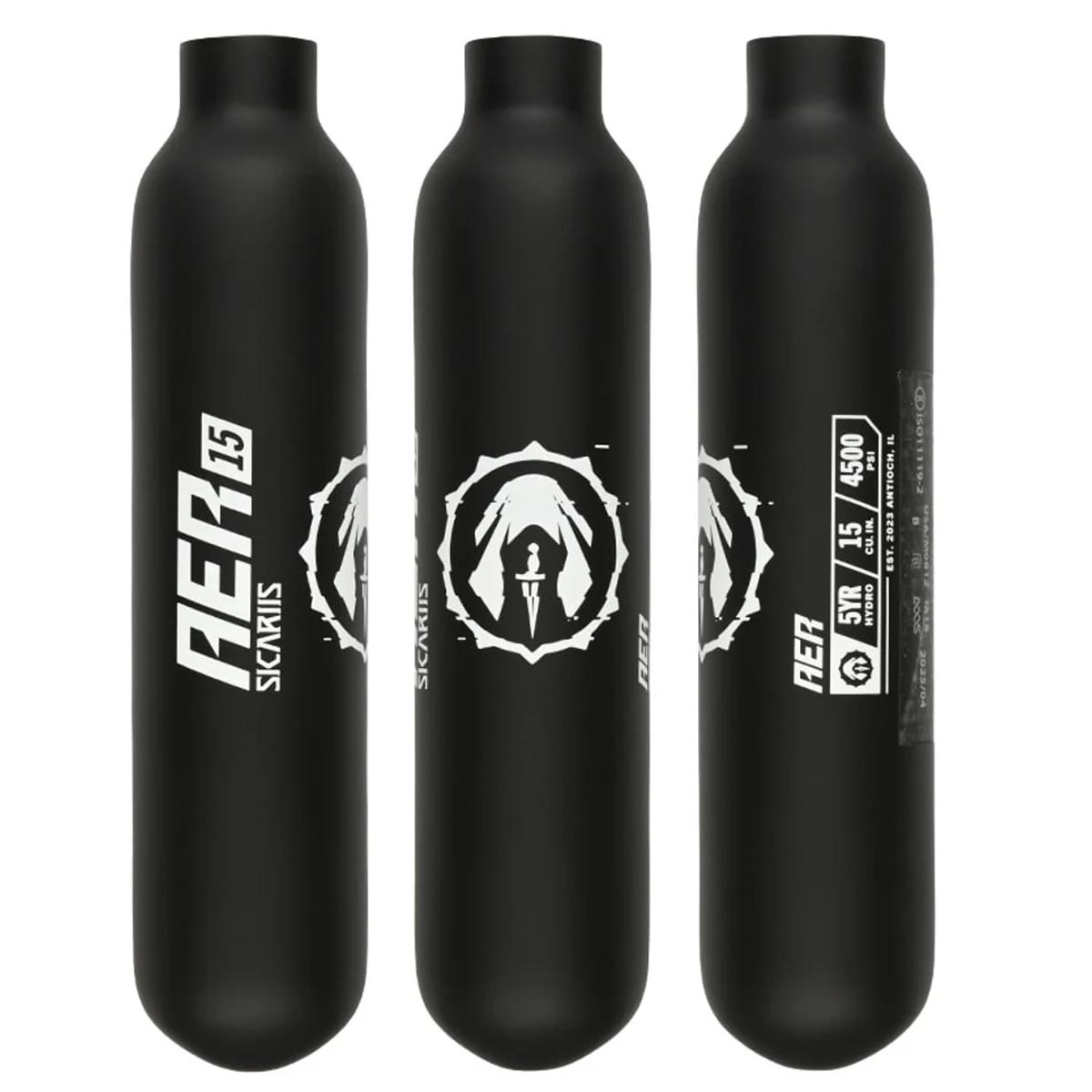 Three different sides of the Sicariis AER 15ci 4500psi Carbon Fiber Air Tank Only