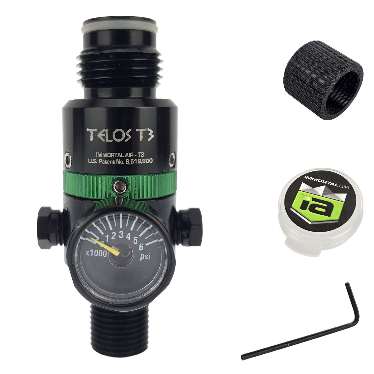 Immortal Air T3 regulator in black and green with thread protector