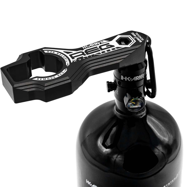 degas tank position Black HK Army Regulator Multi Tool paintball and airsoft tank regulator remove on a white background