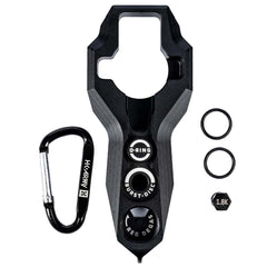 Black HK Army Regulator Multi Tool paintball and airsoft tank regulator remove with included parts on a white background