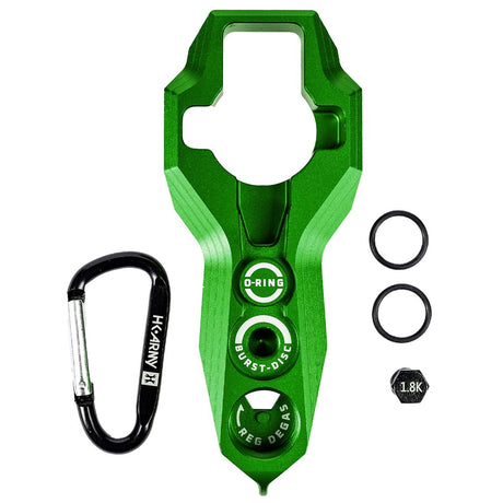 Green HK Army Regulator Multi Tool paintball and airsoft tank regulator remove with included parts on a white background