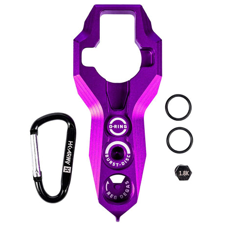 Purple HK Army Regulator Multi Tool paintball and airsoft tank regulator remove with included parts on a white background