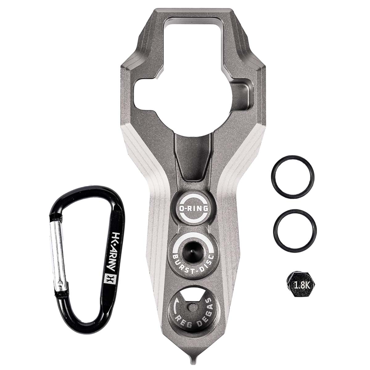 Silver HK Army Regulator Multi Tool paintball and airsoft tank regulator remove with included parts on a white background