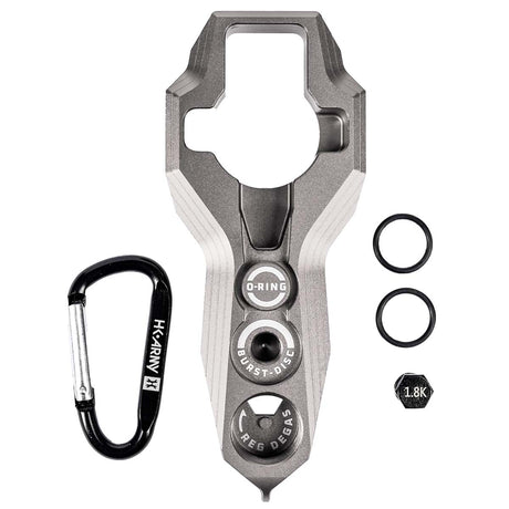 Silver HK Army Regulator Multi Tool paintball and airsoft tank regulator remove with included parts on a white background