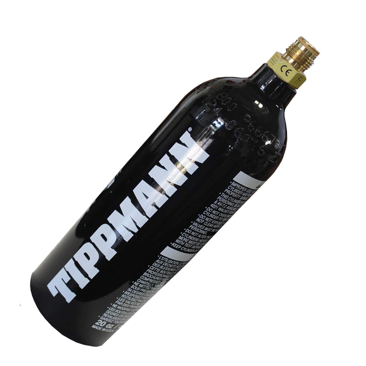A black Tippmann 20 oz CO2 cylinder bottle with a brass-colored regulator fitting on a plain white background.