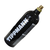 A black Tippmann 20 oz CO2 cylinder bottle with a brass-colored regulator fitting on a plain white background.