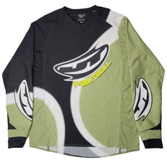 Long-sleeve JT Paintball Custom Paintball Jersey Black Green with paintball logo and branding on a white background