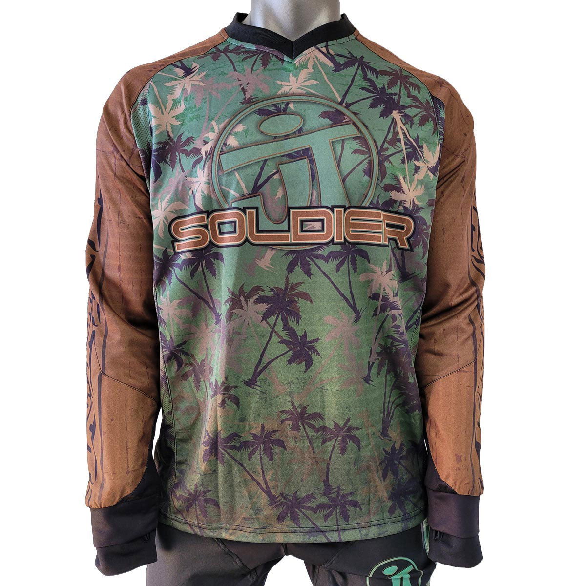 Green, tan and brown long sleeve JT Paintball Palm tree jersey for paintball on a white background