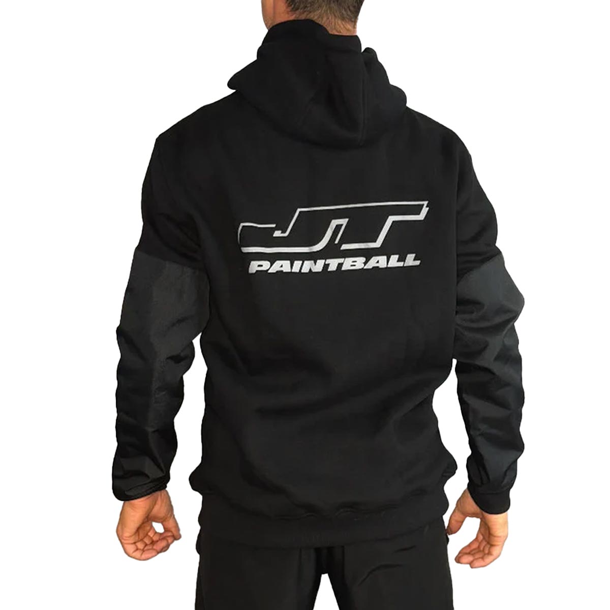 Back of JT Paintball Grind Playing Hoodie Black on a person on a white background