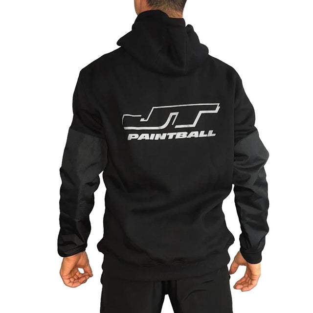 Back of JT Paintball Grind Playing Hoodie Black on a person on a white background