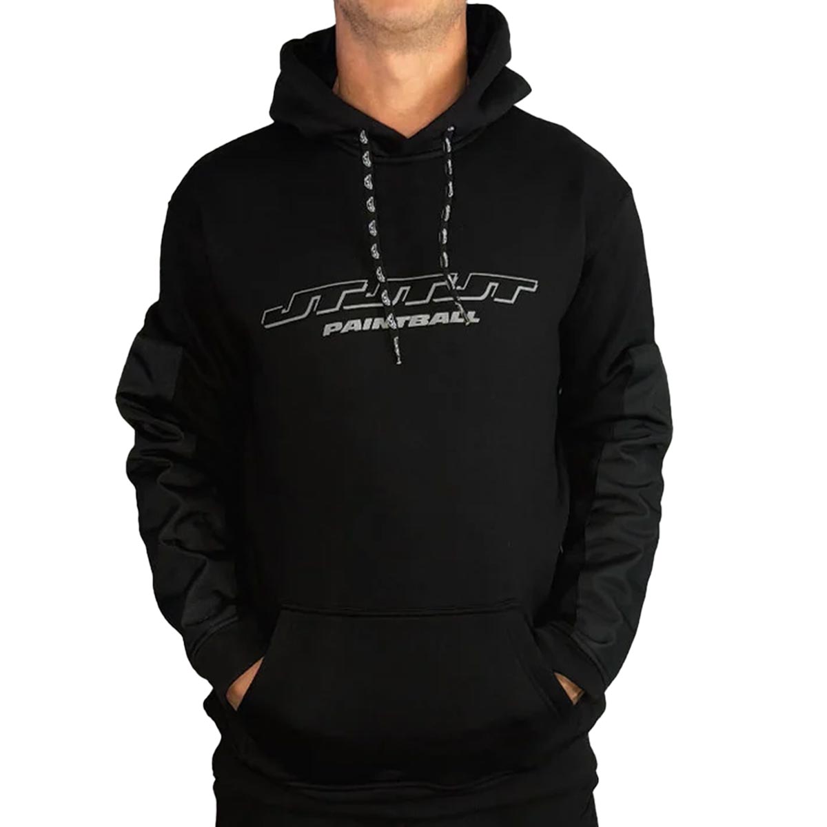 JT Paintball Grind Playing Hoodie Black on a person on a white background